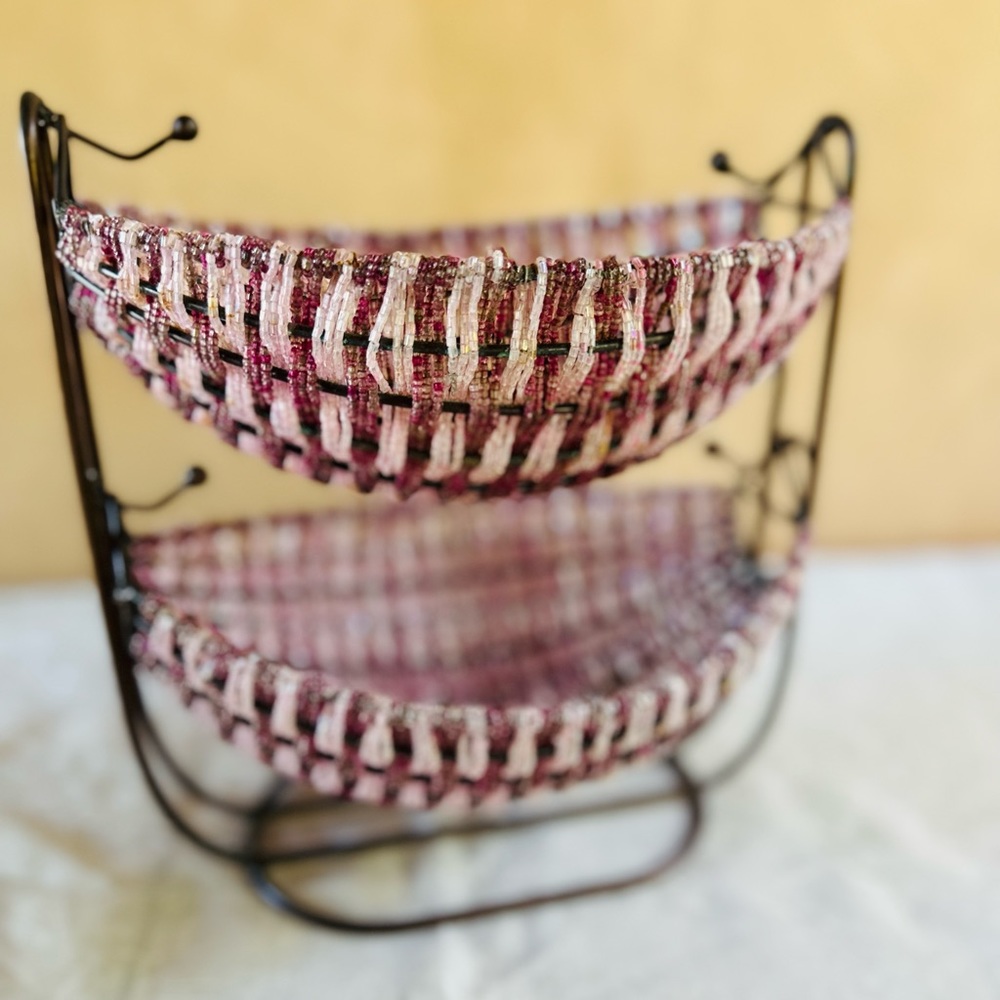 Beaded Two Tier Hammock Storage Trinket Fruit Bowl Stand Holder- Pink Purple